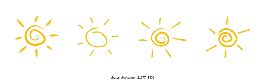 Colección de sol de garabatos. Conjunto de ilustraciones con estilo dibujado a mano.