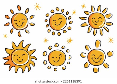 Cute doodle sun collection. Set of illustrations in hand drawn style, flat vector