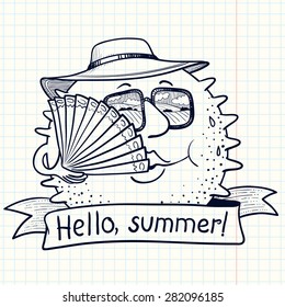 Cute doodle sun female character with fan