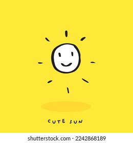 Sol de doodle lindo, dibujado a mano de sol, sol dibujado a mano, aislado en fondo amarillo. ilustración vectorial 