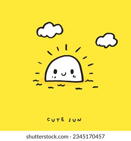 Cute doodle sun, Hand drawn of sun, Hand drawing sun, isolated on yellow background. vector illustration 