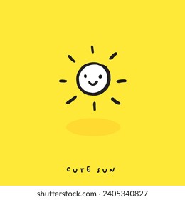Cute doodle sun, Hand drawn of sun, Hand drawing sun, isolated on yellow background. vector illustration 