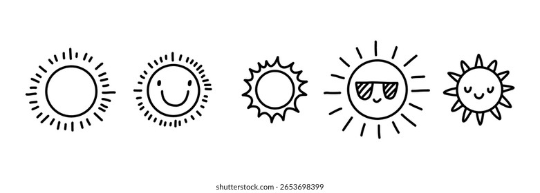 Lindo doodle sol icono conjunto. Diseños de sol simples y sonrientes dibujados a mano en contorno negro. Divertido Clipart de verano para niños, pegatinas, planificadores, símbolos de pronóstico de Clima y proyectos digitales.