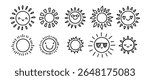 Cute doodle sun icons collection with smiling faces and funny expressions. Hand-drawn kawaii suns with different shapes and rays. Perfect for kids and summer designs. Vector illustration. 