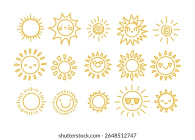 Bonito doodle sol ícones coleção em cor amarela. Rostos de sol kawaii desenhados à mão com sorrisos, corações e óculos escuros. Perfeito para design infantil, decoração de verão, impressões e marca divertida. Arte vetorial