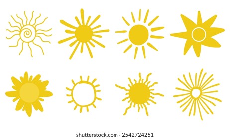 Cute doodle sun shining set isolated on white background. 