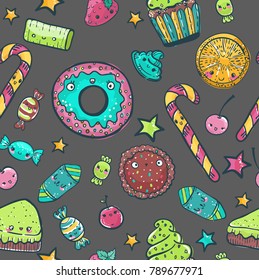 Cute doodle sweets illustration, seamless colorful pattern