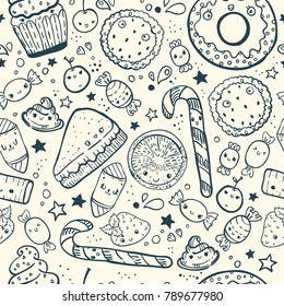 Cute doodle sweets illustration, seamless pattern