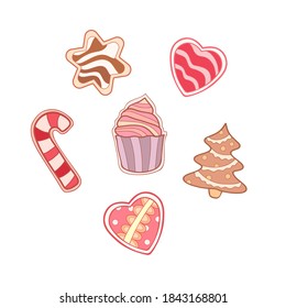 Cute golosinas de muffin, pan de jengibre, galletas de corazón, langostinos sobre fondo blanco aislado. Adecuado para el diseño del menú, pegatinas, postales, banner.