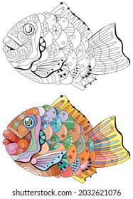 Cute doodle Taiyaki fish bread element. Isolated on white background. Colored and outline set