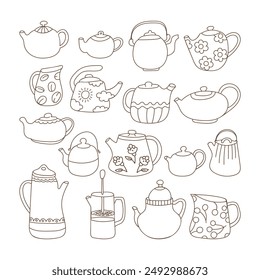 Nette Kritzeltee-Wasserkocher-Set. Klassische Küchengeschirr Kollektion. Keramik- oder Porzellan-Utensilien Vektorillustration.Line Teekannen und Wasserkocher isoliert auf Weiß.