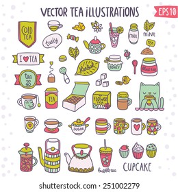 Cute doodle  tea objects: herbal, pot, ginger, muffin, cupcake, cat, dog mug, sugar, mugs, cups, macaroon... Vector adorable illustrations