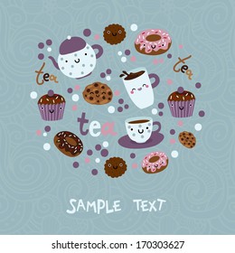 Cute doodle tea and sweets card with place for your text