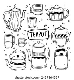 cute doodle teapot collection illustration on white background