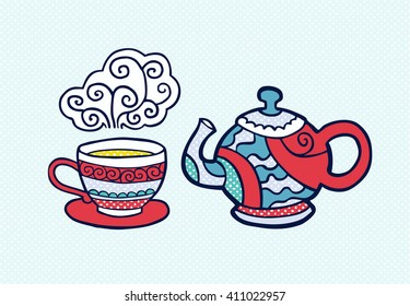 Cute doodle teapot and cup of tea. Vector illustration.