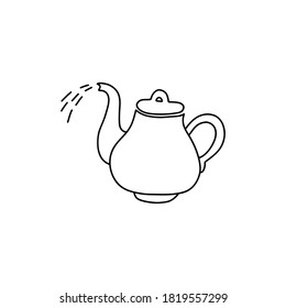 A cute doodle teapot of rounded shapes pouring water from it. Teapot on a white background. Vector stock illustration isolated.