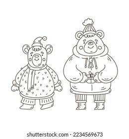 Cute doodle Teddy Bears for Christmas coloring book pages.