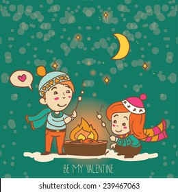 cute doodle teen outdoor, lovely unusual card for valentine's day, cartoon boy and girl cooking a marshmallow, cozy hand drawn vector illustration