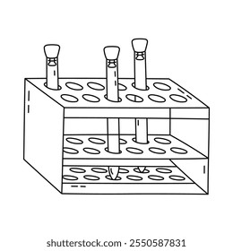 Soporte lindo del tubo de ensayo del doodle con la cristalería con el corcho para el experimento químico y médico. Tubo de vidrio en stand para laboratorio de investigación, análisis de biología. Herramienta de ciencia dibujada a mano aislada en blanco.