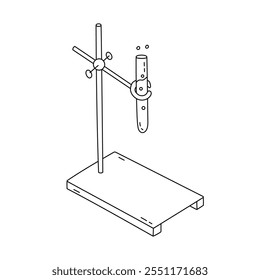 Soporte lindo del tubo de prueba del doodle con la cristalería con el líquido amarillo para el experimento de la química. Tubo de vidrio en stand para laboratorio de investigación, biología, laboratorio médico. Herramienta de ciencia dibujada a mano aislada en blanco.