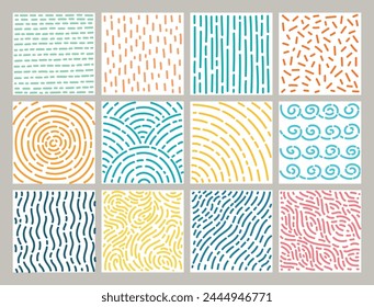 Cute doodle textures. Abstract patterns, hand drawn dashes, twisting, straight and curved lines, simple minimalistic elements. Flat scribble Geometric shapes. Simple background. Vector set