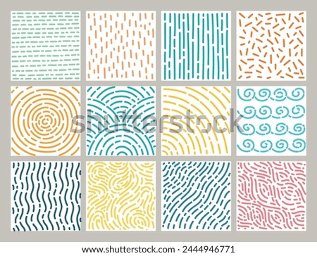 Cute doodle textures. Abstract patterns, hand drawn dashes, twisting, straight and curved lines, simple minimalistic elements. Flat scribble Geometric shapes. Simple background. Vector set