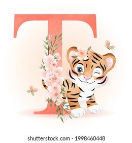 Cute doodle tiger with alphabet watercolor illustration