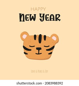 Cute doodle tiger. Happy New Year holiday printable template for greeting card with tiger shaped gingerbread cookie.