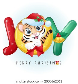 Cute doodle tiger for merry christmas illustration