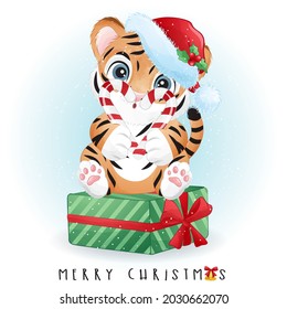 Cute doodle tiger for merry christmas illustration