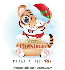 Cute doodle tiger for merry christmas illustration