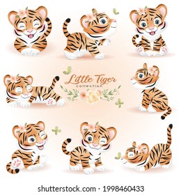 Cute doodle tiger poses with watercolor illustration set