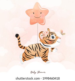 Cute doodle tiger with watercolor illustration