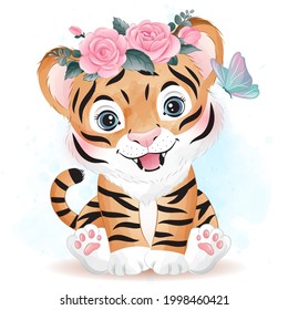 Cute doodle tiger with watercolor illustration