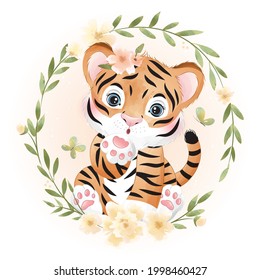 Cute doodle tiger with watercolor illustration