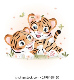 Cute doodle tiger with watercolor illustration