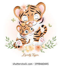 Cute doodle tiger with watercolor illustration