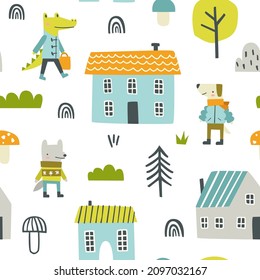 Cute doodle town pattern with animals, houses, plants. Abstract vector seamless  print for textile, fabric, apparel, wrapping paper, nursery.