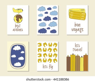 Cute doodle travel, flight cards, brochures, invitations with plane, clouds, flight pillow, luggage, window, globe, tickets. Cartoon objects for children. Printable templates set