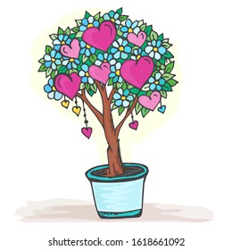 cute Doodle tree in a pot with heart fruits and flowers, love print on white background