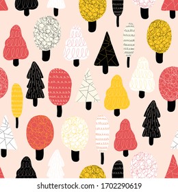 Árboles de doodle sin fisuras de vectores. Repetiendo el fondo de la naturaleza abstracta varios árboles del bosque blanco rojo negro sobre un fondo rosa. Para la tela, el uso de los niños, papel pintado, envoltura, decoración.