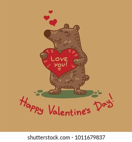 Cute doodle tribal illustratoin with bear. Vector background for Valentine day. Craft greeting card