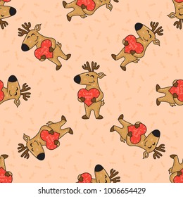 Cute doodle tribal seamless pattern with deers. Vector background for Valentine day. Wrapping paper.
