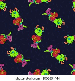 Cute doodle tribal seamless pattern with aliens. Vector background for Valentine day. Wrapping paper.