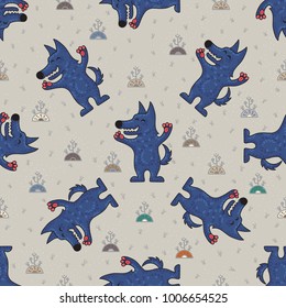 Cute doodle tribal seamless pattern with wolfs. Vector background. Wrapping paper.