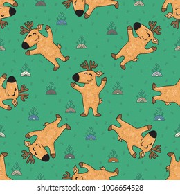 Cute doodle tribal seamless pattern with deers. Vector background. Wrapping paper.