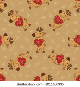 Cute doodle tribal seamless pattern with deers. Vector background for Valentine day. Craft wrapping paper.