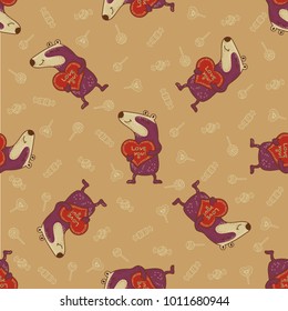 Cute doodle tribal seamless pattern with badgers. Vector background for Valentine day. Craft wrapping paper.