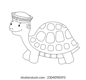 Cute doodle turtle character isolated on white. Vector outline nautical illustration for coloring page