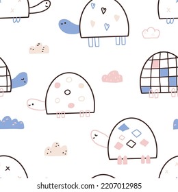 Cute doodle turtles seamless pattern in Scandinavian style. Funny tortoise. Childish, decorative design for kids nursery, baby fabric print, wallpaper. Vector hand drawn illustration